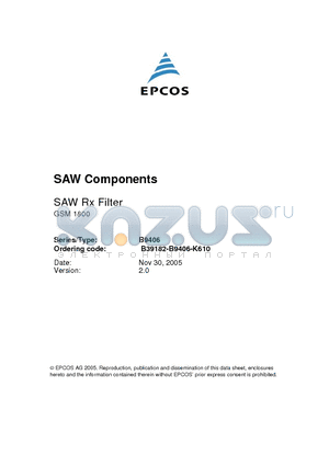B39182-B9406-K610 datasheet - SAW Components Low-Loss Filter for Mobile Communication 1842.50 MHz