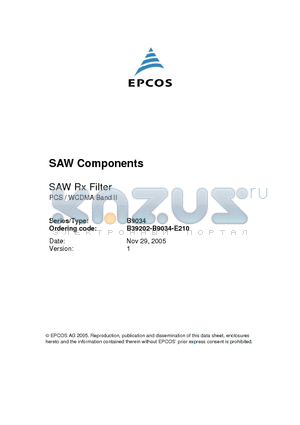 B39202-B9034-E210 datasheet - SAW Components Low-Loss Filter for Mobile Communication 1960.0 MHz