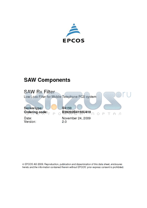 B39202B4150U410 datasheet - Low Loss Filter for Mobile Telephone PCS system