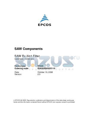 B39202B9305G110 datasheet - SAW Rx 2in1 Filter 1842.5 / 1960.0 MHz