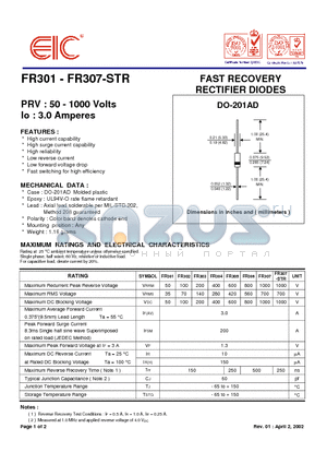 FR302 datasheet - FAST RECOVERY RECTIFIER DIODES