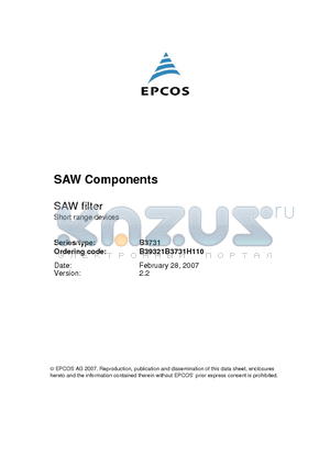 B39321B3731H110 datasheet - SAW Components SAW filter 315.00 MHz