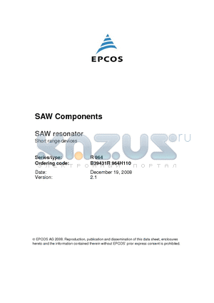 B39431R964H110 datasheet - SAW Components SAW resonator Short range devices