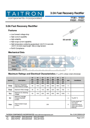 FR305 datasheet - 3.0A Fast Recovery Rectifier