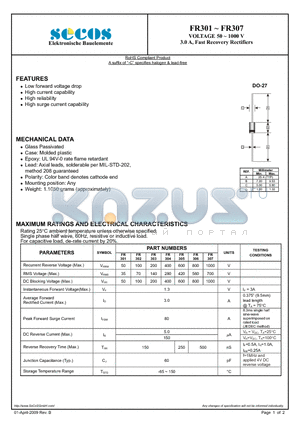FR305 datasheet - 3.0 A, Fast Recovery Rectifiers