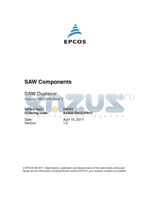 B39881B8553P810 datasheet - SAW Duplexer Cellular / WCDMA Band V