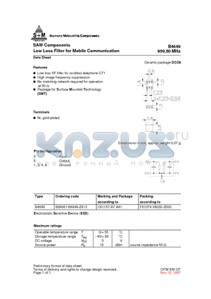 B39961-B4649-Z610 datasheet - SAW Components Low Loss Filter for Mobile Communication 959,50 MHz