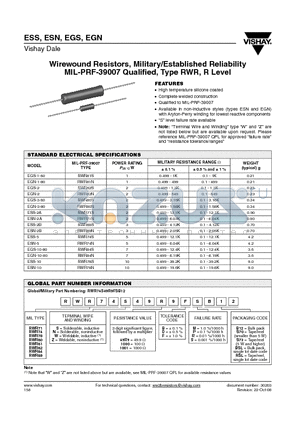 ESS-2A datasheet - Wirewound Resistors, Military/Established Reliability MIL-PRF-39007 Qualified, Type RWR, R Level