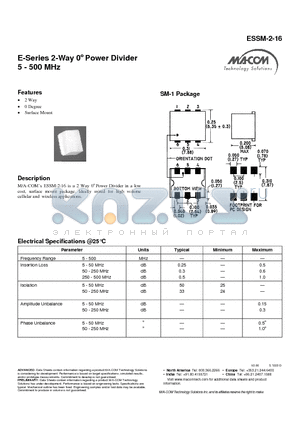 ESSM-2-16 datasheet - E-Series 2-Way 0j Power Divider