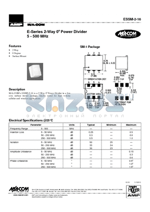 ESSM-2-16 datasheet - E-Series 2-Way 0 Power Divider 5 - 500 MHz