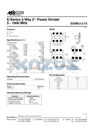 ESSM-2-2-75 datasheet - E-Series 2-Way 0 Power Divider 5 - 1000 MHz