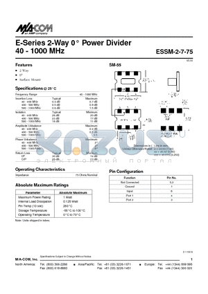 ESSM-2-7-75 datasheet - E-Series 2-Way 0 Power Divider 40 - 1000 MHz