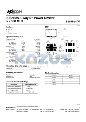 ESSM-3-1W datasheet - E-Series 3-Way 0 Power Divider 5 - 500 MHz