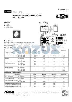 ESSM-3-3-75 datasheet - E-Series 3-Way 0 Power Divider 40 - 870 MHz