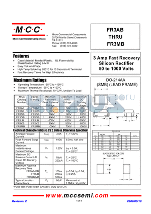 FR3BB datasheet - 3 Amp Fast Recovery Silicon Rectifier 50 to 1000 Volts