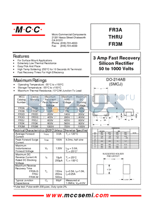 FR3G datasheet - 3 Amp Fast Recovery Silicon Rectifier 50 to 1000 Volts