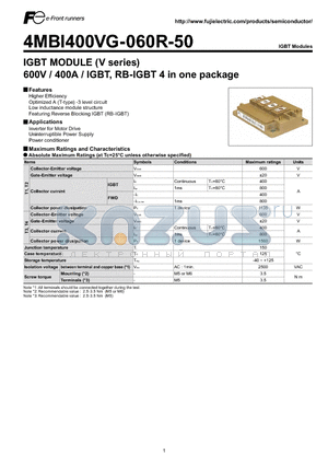 4MBI400VG-060R-50 datasheet - IGBT MODULE (V series) 600V / 400A / IGBT, RB-IGBT 4 in one package
