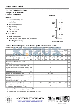 FR507 datasheet - FAST RECOVERY RECTIFIERS