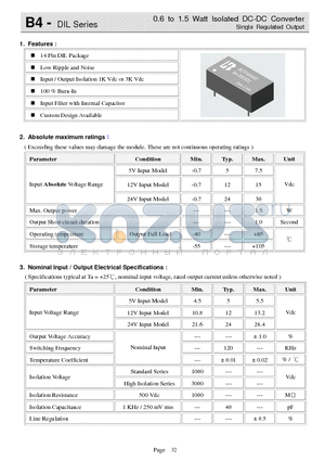 B4-0503DSH datasheet - 0.6 to 1.5 Watt Isolated DC-DC Converter Single Regulated Output