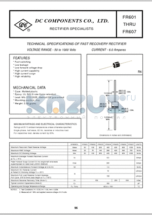 FR601 datasheet - TECHNICAL SPECIFICATIONS OF FAST RECOVERY RECTIFIER