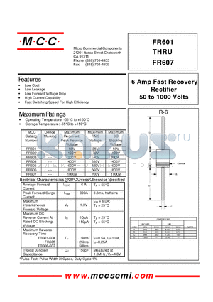 FR601 datasheet - 6 Amp Fast Recovery Rectifier 50 to 1000 Volts