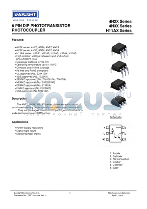 4N27 datasheet - 6 PIN DIP PHOTOTRANSISTOR PHOTOCOUPLER