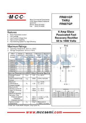 FR603GP datasheet - 6 Amp Glass Passivated Fast Recovery Rectifier 50 to 1000 Volts