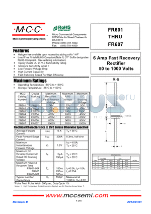 FR605 datasheet - 6 Amp Fast Recovery Rectifier 50 to 1000 Volts