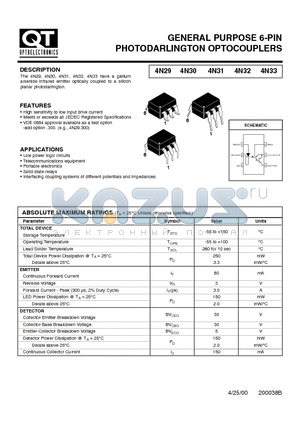 4N31 datasheet - GENERAL PURPOSE 6-PIN PHOTODARLINGTON OPTOCOUPLERS