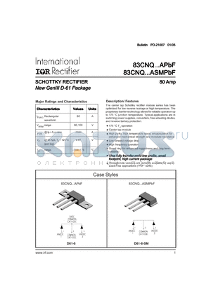 83CNQ080APBF datasheet - SCHOTTKY RECTIFIER New GenIII D-61 Package