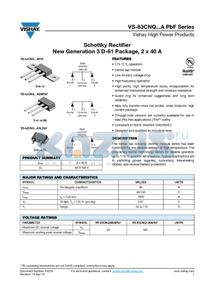 83CNQ080ASMPBF datasheet - Schottky Rectifier New Generation 3 D-61 Package, 2 x 40 A