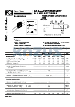 FR80 datasheet - 8.0 Amp FAST RECOVERY PLASTIC RECTIFIERS Mechanical Dimensions