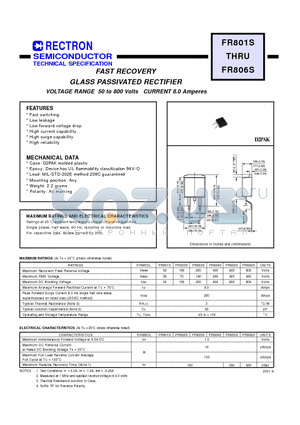 FR801S datasheet - FAST RECOVERY GLASS PASSIVATED RECTIFIER (VOLTAGE RANGE 50 to 800 Volts CURRENT 8.0 Amperes)