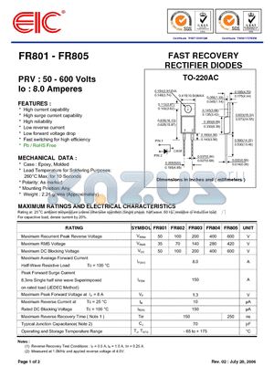 FR802 datasheet - FAST RECOVERY