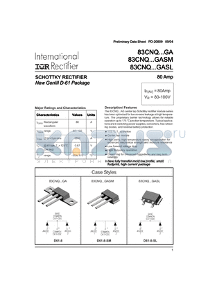 83CNQ100GASL datasheet - SCHOTTKY RECTIFIER 80 Amp New GenIII D-61 Package