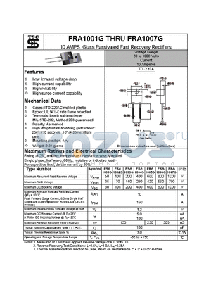FRA1001G datasheet - 10 AMPS Glass Passivated Fast Recovery Rectifiers