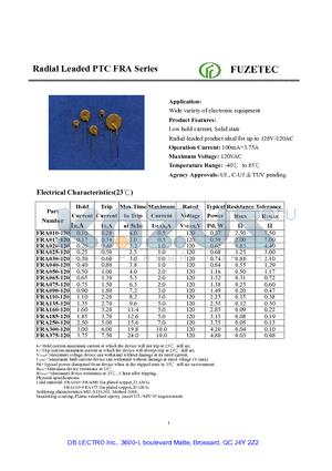 FRA110-120 datasheet - Radial Leaded PTC FRA Series