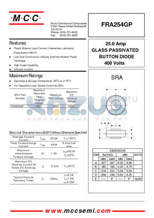 FRA254GP datasheet - 25.0 Amp GLASS PASSIVATED BUTTON DIODE 400 Volts