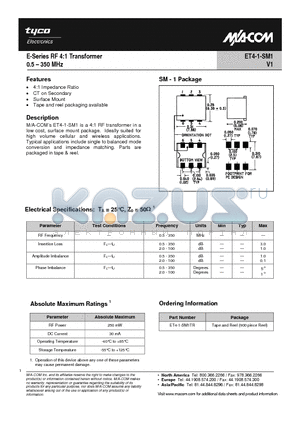 ET4-1-SM1 datasheet - E-Series RF 4:1 Transformer 0.5 - 350 MHz