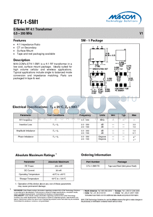 ET4-1-SM1 datasheet - E-Series RF 4:1 Transformer 0.5 - 350 MHz