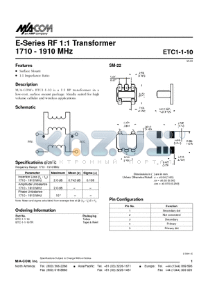 ETC-1-1-10 datasheet - E-Series RF 1:1 Transformer 1710 - 1910 MHz