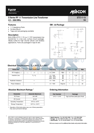 ETC1-1-13TR datasheet - E-Series 1:1 Transmission Line Transformer 1710 - 1910 MHz