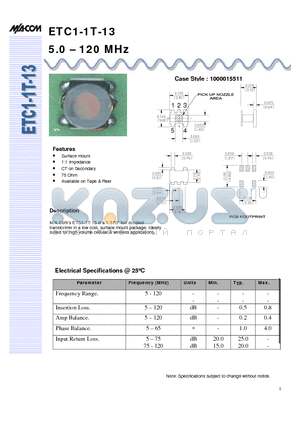 ETC1-1T-13 datasheet - RF 1:1 Flux Coupled Transformer 5.0 - 120 MHz