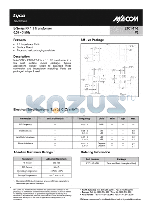 ETC1-1T-2TR datasheet - E-Series RF 1:1 Transformer 0.05 - 3 MHz