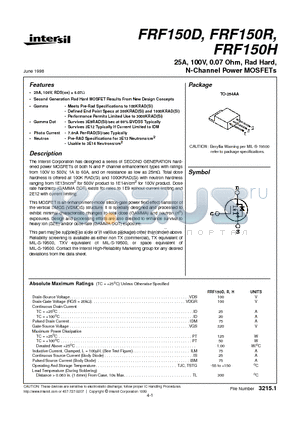 FRF150R datasheet - 25A, 100V, 0.07 Ohm, Rad Hard, N-Channel Power MOSFETs