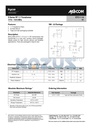 ETC1-1-10_1 datasheet - E-Series 1:1 Transformer 1710 - 1910 MHz