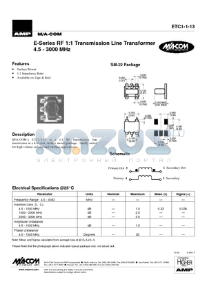 ETC1-1-13 datasheet - E-Series RF 1:1 Transmission Line Transformer 4.5 - 3000 MHz