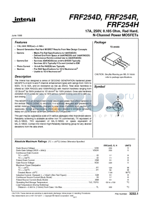 FRF254H datasheet - 17A, 250V, 0.185 Ohm, Rad Hard, N-Channel Power MOSFETs