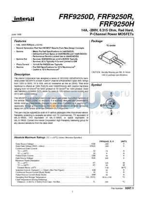 FRF9250D datasheet - 14A, -200V, 0.315 Ohm, Rad Hard, P-Channel Power MOSFETs
