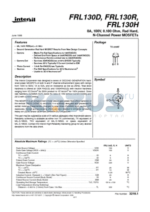 FRL130R datasheet - 8A, 100V, 0.180 Ohm, Rad Hard, N-Channel Power MOSFETs